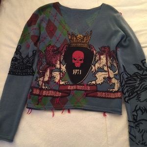 Plaid Sweater with Red Skull and Crown Raw 7